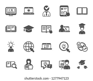 Education icons. Laptop, Book and Video Tutorial icons. Graduation cap, Instructions and Presentation. Education or Lectures book, Charts and Idea. Laptop, tablet device. Video tutorial. Vector