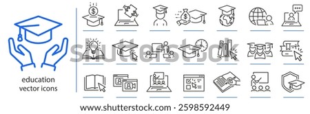 education icons, learning icon set, knowledge simple symbols, linear vector illustration, outline editable stroke