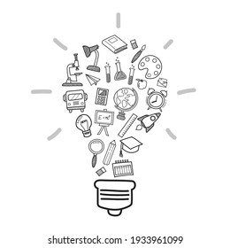 Education icons in Light bulb shape doodle style. Vector Illustration