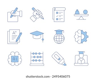 Education icons. Line Duotone style, editable stroke. writing, artificial intelligence, brain, online learning, online education, mass, marker, tasks, pencil, mortarboard, abacus, exam.