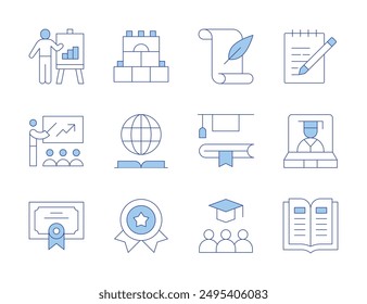 Education icons. Line Duotone style, editable stroke. presentation, education, history, certificate, knowledge, awards, training, study, construction, book, online education, note.