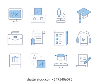 Education icons. Line Duotone style, editable stroke. education, certificate, blocks, microscope, maths, language, history book, career, audiobook, writing, mortarboard, exam.
