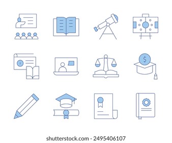 Education icons. Line Duotone style, editable stroke. certificate, astronomy, law, radio, pencil, diploma, class, virtual class, reading, thesis, scholarship, formation.