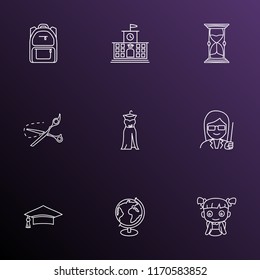 Education icons line style set with graduation cap, prom dress, hourglass and other sandglass elements. Isolated vector illustration education icons.