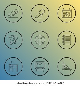 Education icons line style set with calendar, eraser, languages and other copybook elements. Isolated vector illustration education icons.