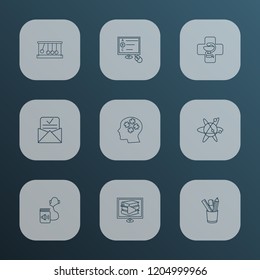 Education icons line style set with kinetics, digital library, astrophysics and other pharmacy elements. Isolated vector illustration education icons.