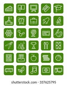 Education, icons, linear, white outline, green background. Vector line drawings, icons on the topic of study in school, college, university. White characters on a green background.   