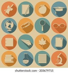 Education icons with long shadow. Vector set, EPS 8.