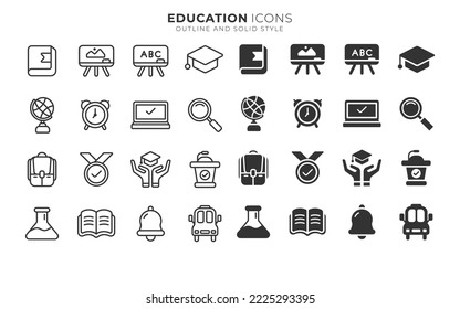 Education Icons with Outline and Solid Style 