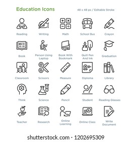 Education Icons - Outline styled icons, designed to 48 x 48 pixel grid. Editable stroke.