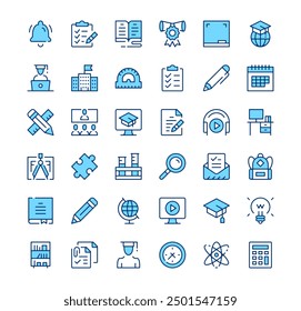 Education icons. Outline symbols. Vector blue line icons set