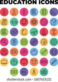 education icons outlined in colored round background circles