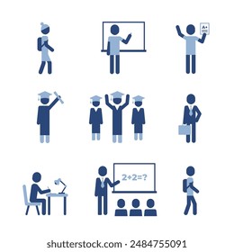 Education icons pictogram set. Blue color. Teachers and students, lesson, lecture. University or school concept.
