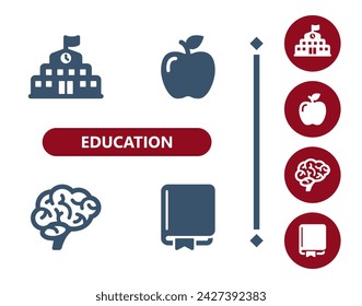 Education icons. School, building, apple, brain, knowledge, book icon. Professional, 32x32 pixel perfect vector icon.