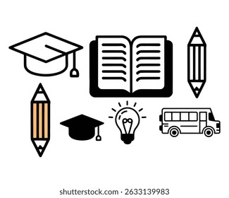 Education icons with school bus graduation cap book pencil and lightbulb