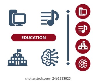 Bildung-Symbole. Schule, PC, Computer, Musik, High School, College, Gehirn, KI, IT-Symbol. Professionelles Symbol für perfekte Vektorgrafik mit 32 x 32 Pixeln.