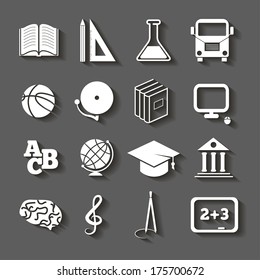 Education Icons; school icons with shadow on gray background.