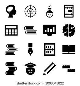 Education icons. set of 16 editable filled education icons such as abacus, pencil, book, graduate emoji, building block, ink pen, calclator, human brain, dna, chart on display