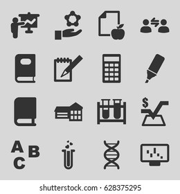 Education icons set. set of 16 education filled icons such as book, mathematical square, paper and apple, test tube, heart test tube, notebook, dna, calculator, highlighter
