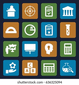 Education icons set. set of 16 education filled icons such as court, abc cube, board, clipboard, dna, test tube search, keyhole in head, calculator, calclator, atom in hand