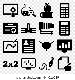 Education icons set. set of 16 education filled icons such as paper and apple, bladder, test tube search, xylophone, calculator, ink pen, diploma, pen tool on tablet