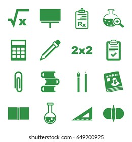 Education icons set. set of 16 education filled icons such as board, ruler, magazine, clipboard, test tube search, pencil, book, atom fusion, test tube, pen, square root