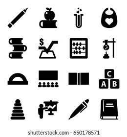 Education icons set. set of 16 education filled icons such as abc cube, pyramid, baby bid, pen, abacus, mathematical square, heart test tube, book, classroom, protractor
