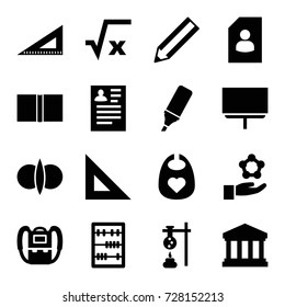 Education icons set. set of 16 education filled icons such as baby bid, backpack, resume, board, pencil, ruler, abacus, highlighter, court building, book, atom fusion