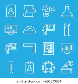 Education icons set. set of 16 education outline icons such as ruler, teacher, test tube, clipboard, book, pen, ABC, backpack, protractor, paper clip, abacus, resume