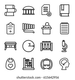 Education icons set. set of 16 education outline icons such as observatory, baby bid, notebook, human brain, medical clipboard, xylophone, abacus, book, backpack, teacher