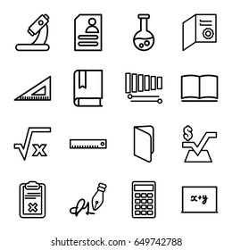 Education icons set. set of 16 education outline icons such as mathematical square, ruler, resume, microscope, clipboard, xylophone, calculator, ink pen, book, square root