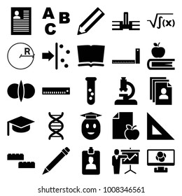 Education icons. set of 25 editable filled education icons such as pencil, book, abc, ruler, school, test tube, building block, graduation hat, atom fusion, microscope, dna