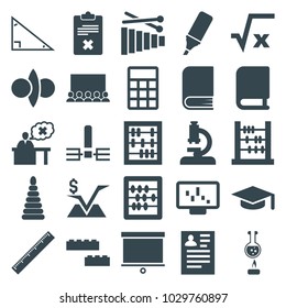 Education icons. set of 25 editable filled education icons such as resume, abacus, graduation hat, square root, graph on display, microscope, teacher, book, highlighter, ruler