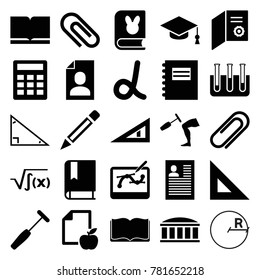 Education icons. set of 25 editable filled education icons such as notepad, ruler, alpha, diploma, book, calculator, paper and apple, test tube, knee hammer reaction check