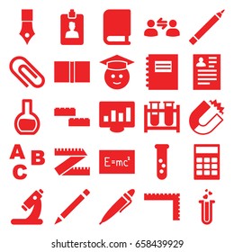 Education icons set. set of 25 education filled icons such as ruler, pen, resume, graduate emoji, test tube, microscope, heart test tube, clipboard, book, user communicatrion