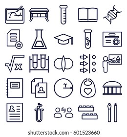 education icons set. Set of 25 education outline icons such as observatory, baby bid, child building kit, resume, test tube, heart test tube, dna, book, user communication