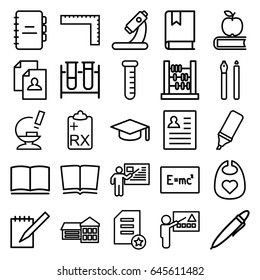 Education icons set. set of 25 education outline icons such as ruler, baby bid, resume, test tube, microscope, notebook, clipboard, highlighter, pen, book, teacher, abacus