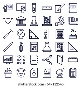 Education icons set. set of 36 education outline icons such as pen, bladder, heart test tube, notebook, clipboard, human brain, microscope, test tube, medical hammer