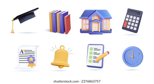 Education icons set of 3D UI elements. School, calculator, student hat, diploma, educational test. Study, Learning, Knowledge 3D vector icons