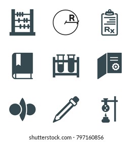 Education icons. set of 9 editable filled education icons such as abacus, test tube, diploma, book, clipboard, pencil, circle