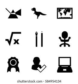 Education icons set. Set of 9 Education filled icons such as pen, square root, laptop, world map, office chair, intersection, dinosaur, medal