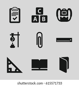 Education icons set. set of 9 education filled icons such as ABC cube, backpack, clipboard, book, ruler, paper clip, triangle