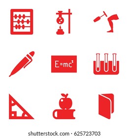 Education icons set. set of 9 education filled icons such as abacus, test tube, knee hammer reaction check, pen, board with formulas, book, triangle