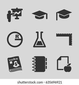 Education icons set. set of 9 education filled icons such as ruler, paper and apple, magazine, test tube, notebook, graduation hat, circle