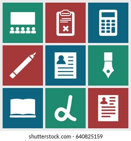 Education icons set. set of 9 education filled icons such as pen, resume, clipboard, book, calculator, classroom, alpha