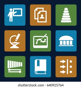 Education icons set. set of 9 education filled icons such as observatory, pyramid, resume, microscope, xylophone, pen tool on tablet, book, atom move