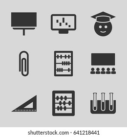 Education icons set. set of 9 education filled icons such as abacus, board, ruler, graduate emoji, test tube, classroom, paper clip