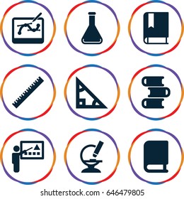 Education icons set. set of 9 education filled icons such as ruler, microscope, test tube, pen tool on tablet, teacher, book