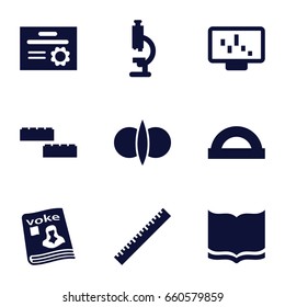 Education icons set. set of 9 education filled icons such as ruler, book, magazine, diploma, atom fusion, building block, protractor, microscope