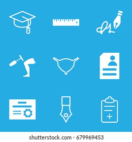Education icons set. set of 9 education filled and outline icons such as resume, knee hammer reaction check, ink pen, ruler, diploma, bladder, medical clipboard